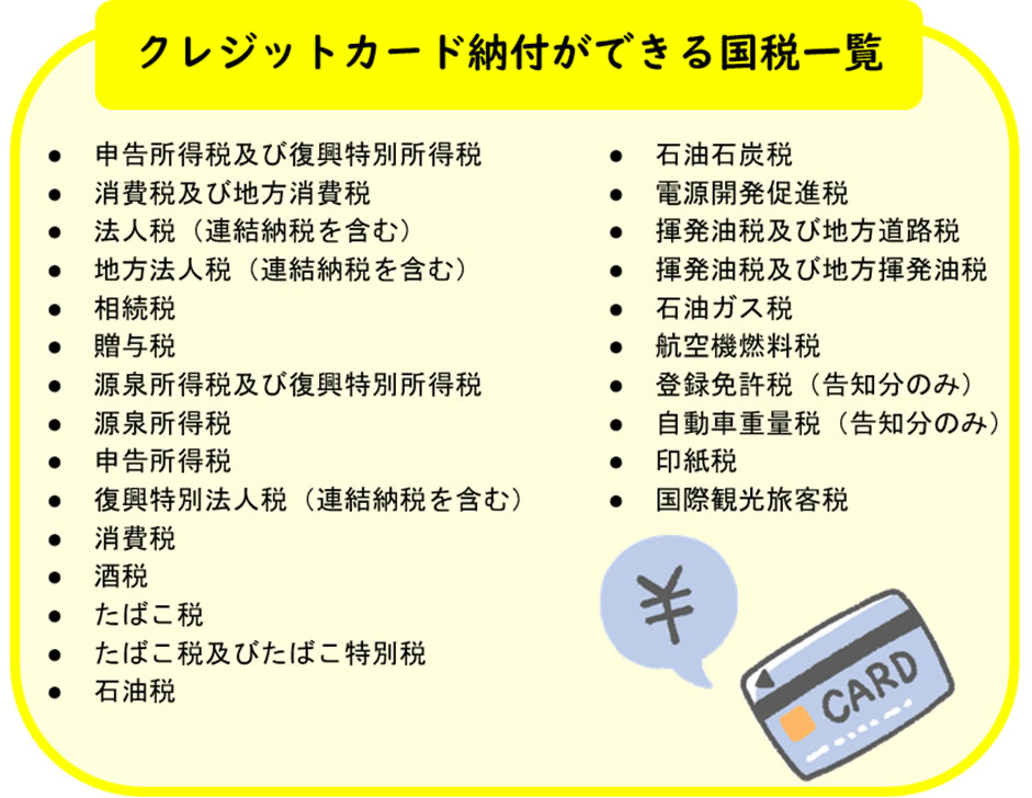 クレジットカード納付ができる高税一覧