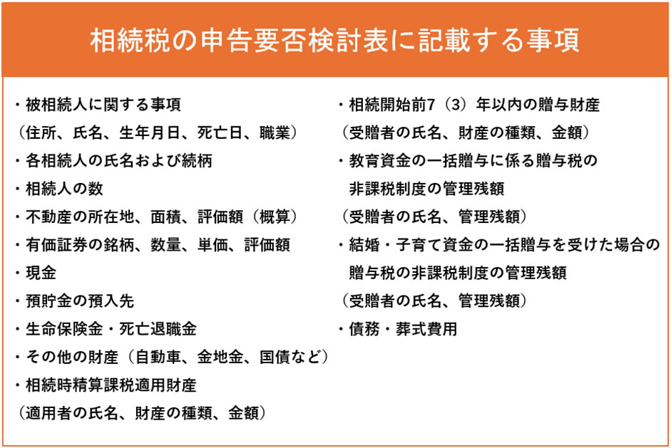 相続税の申告要否検討表に記載する事項