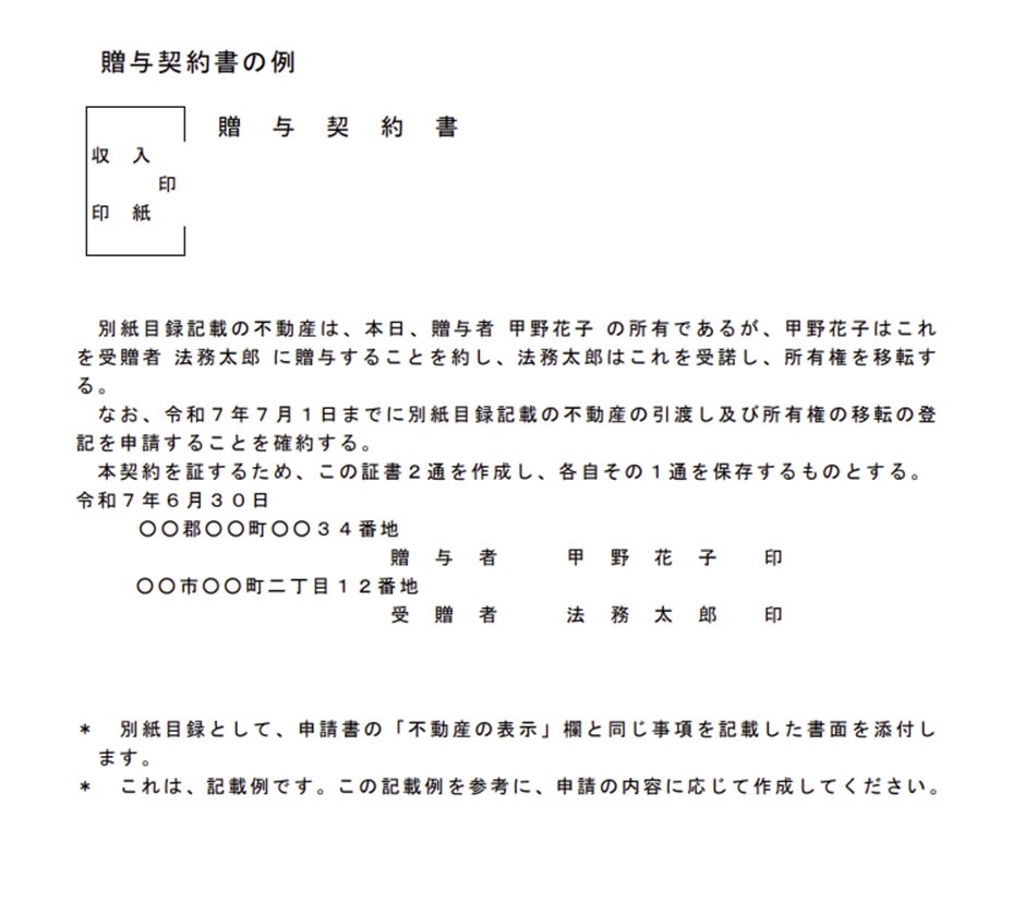 贈与契約書の例